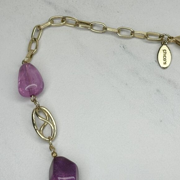 Chico's Gold Tone Purple Beaded Y-Drop Linear Pendant Necklace ✨ - Picture 2 of 10
